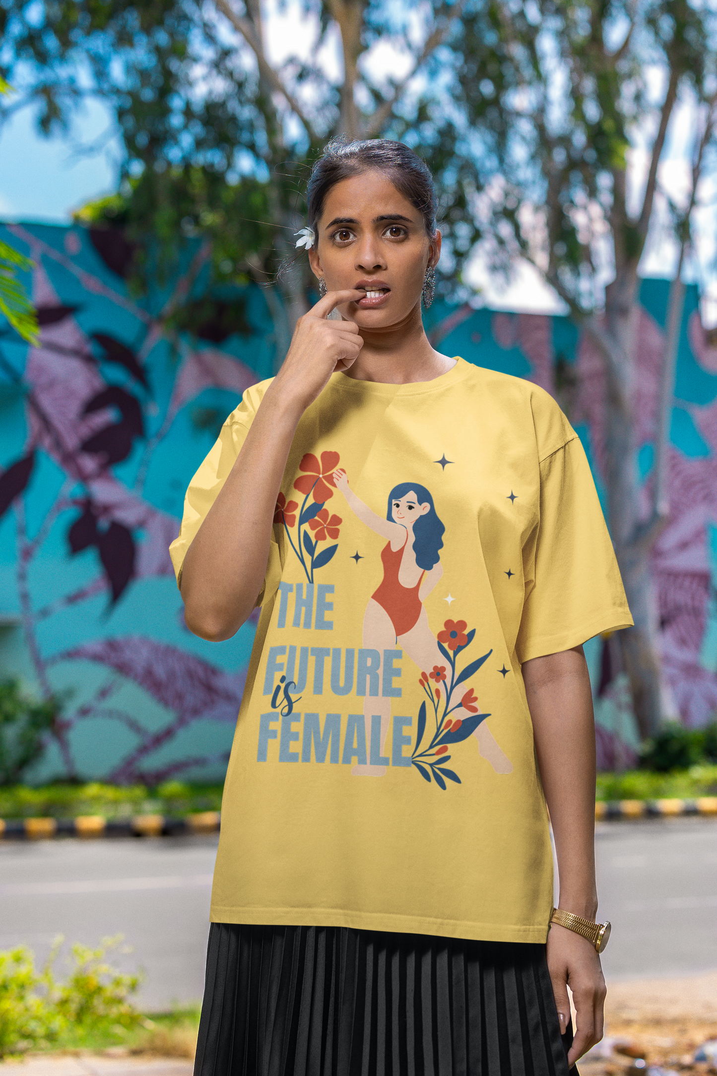 Noir Petal | Women's Minimalist Classic Tee | Everyday Fit with Monochrome Floral Detail