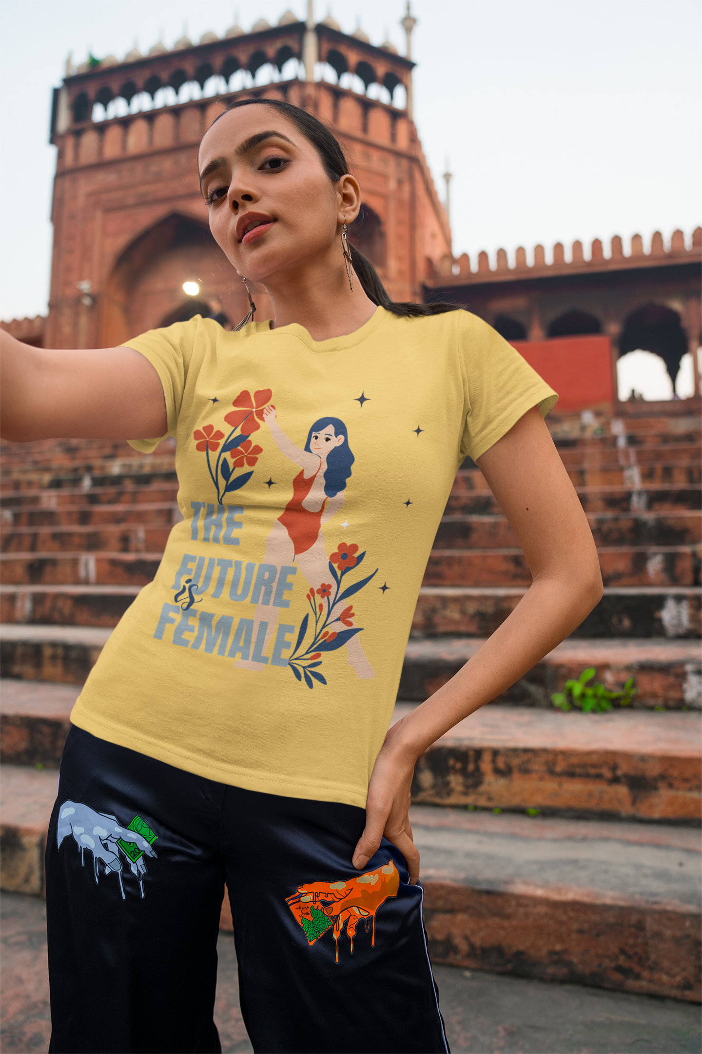 Noir Petal | Women's Minimalist Classic Tee | Everyday Fit with Monochrome Floral Detail